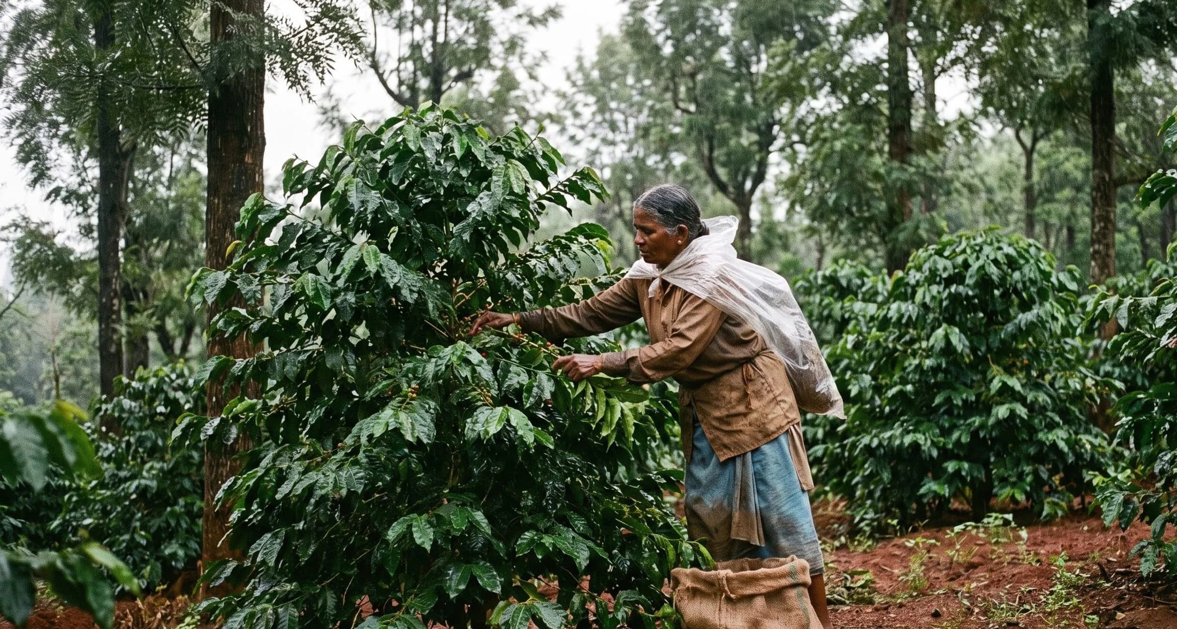 A picker working a coffee bush under shade trees in the rain