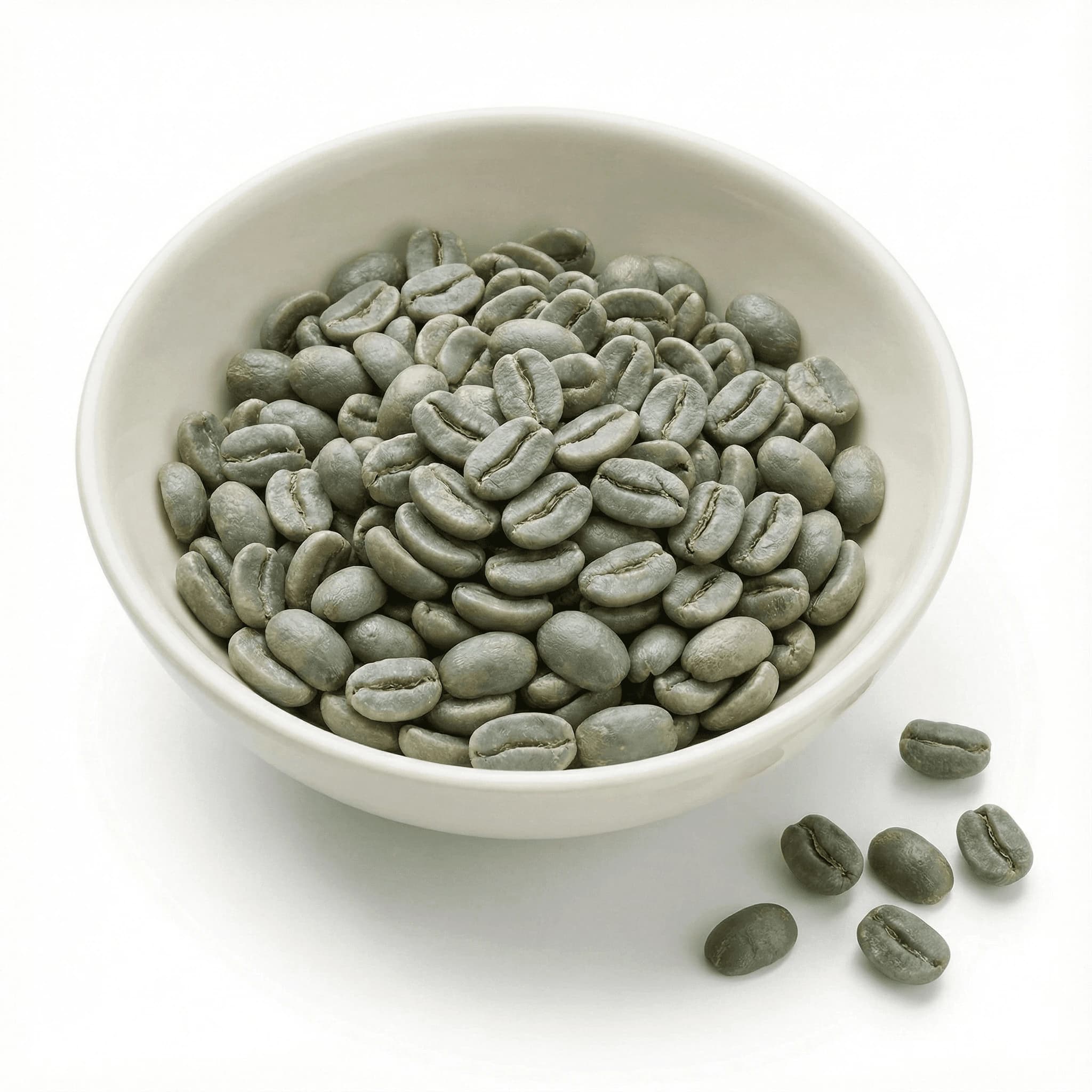 Arabica AAA green coffee beans arranged on a white ground