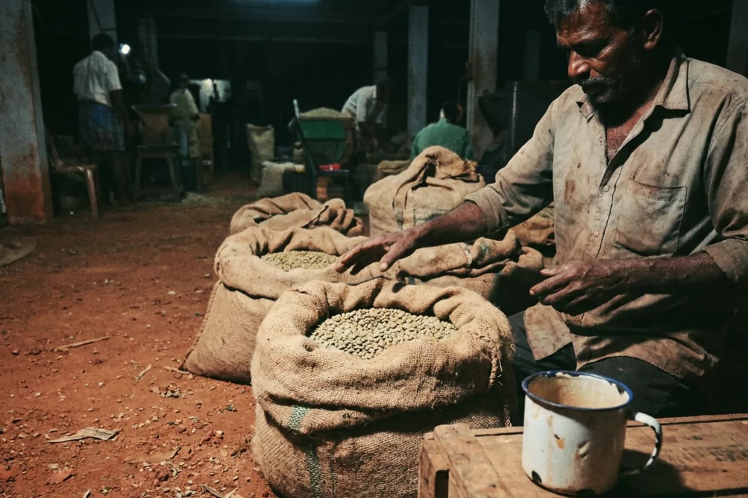 Open jute sacks of green coffee on the earth floor of a curing works, workers sorting at benches behind