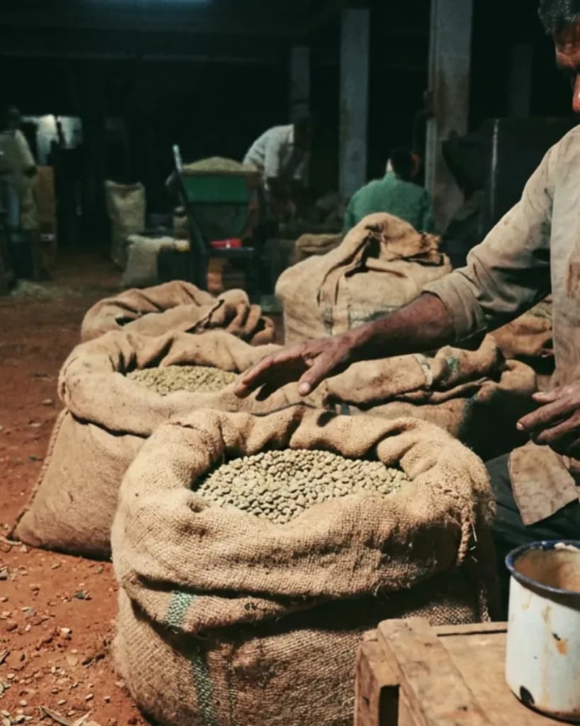 Open jute sacks of green coffee on the earth floor of a curing works, a worker levelling the top of one by hand