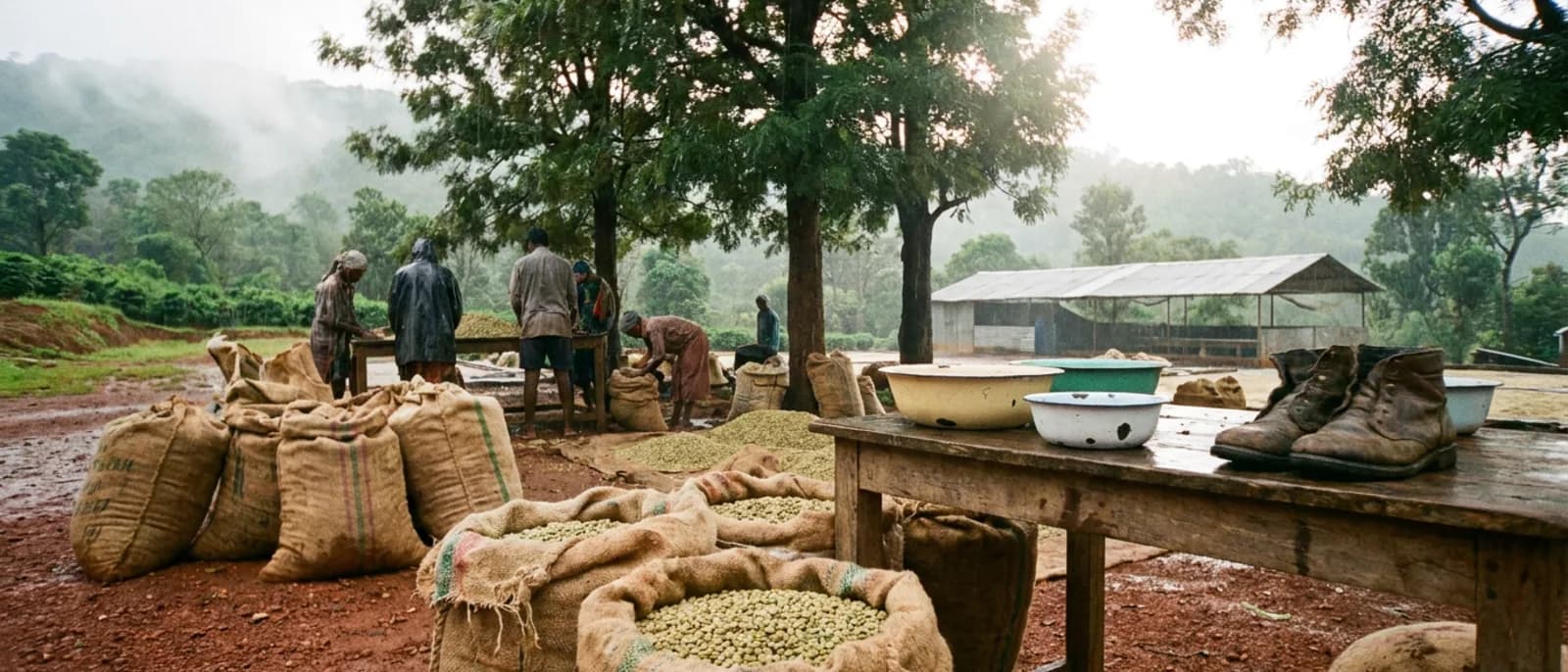 Workers sorting green coffee at outdoor tables in the rain, filled jute sacks in the foreground and misted hills behind the curing shed