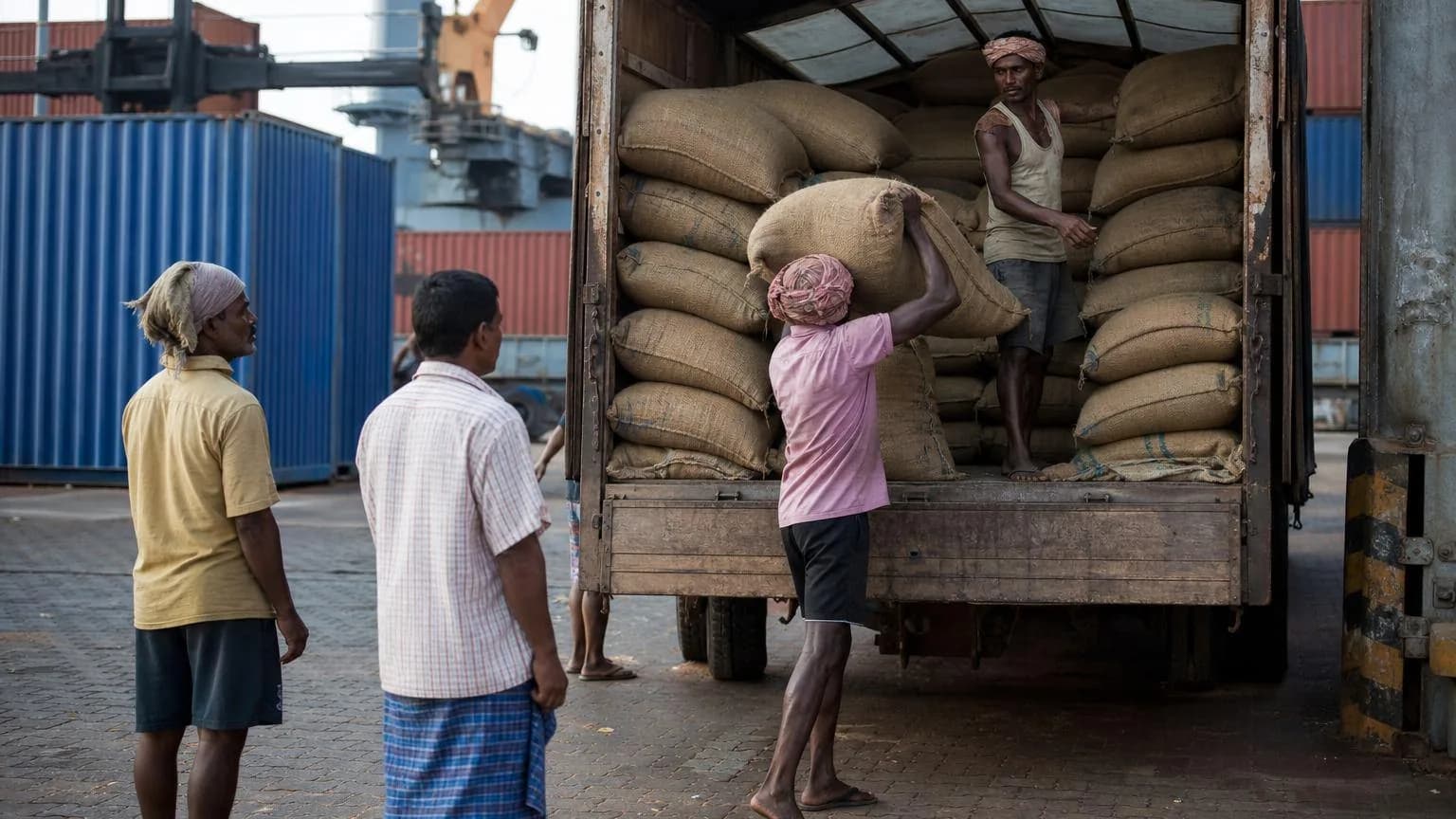 Dock workers loading jute coffee sacks into a truck at a container terminal, stacked shipping containers and a gantry crane behind
