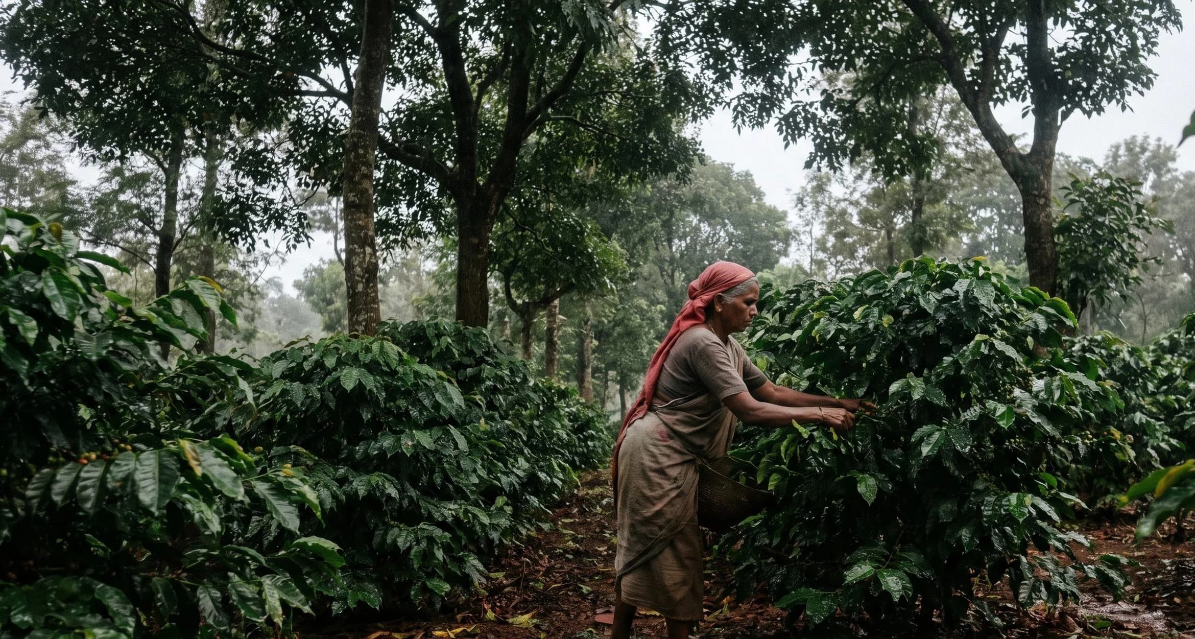 A worker picking ripe coffee cherries by hand among shade-grown bushes
