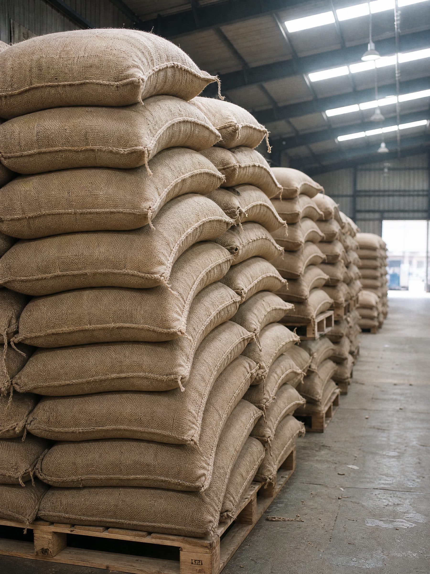Stacked jute coffee sacks on wooden pallets in a warehouse