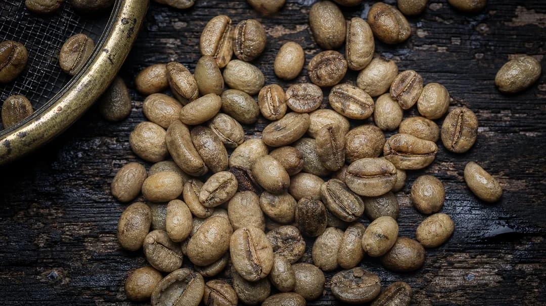 Pale gold monsooned Malabar green coffee beans, swollen from monsoon exposure