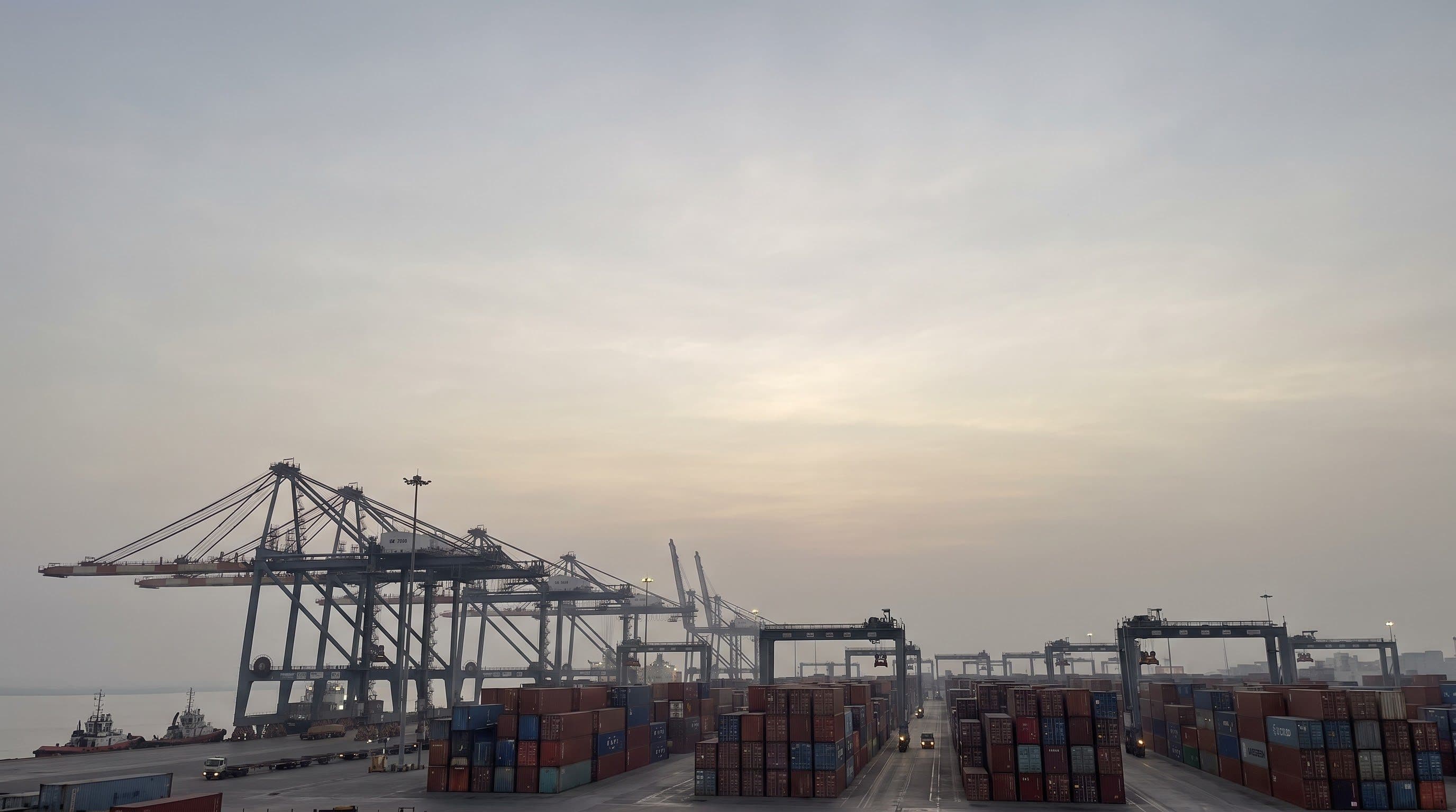 Gantry cranes and stacked shipping containers at a container terminal at dawn