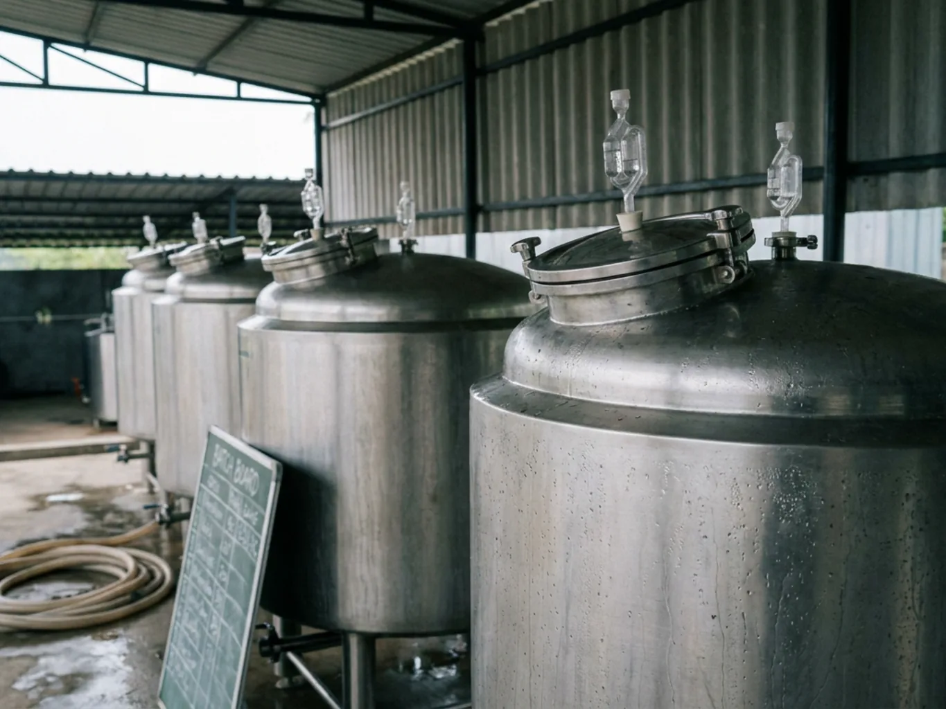 A row of sealed stainless steel fermentation tanks with airlock valves under an open-sided roof, condensation on the metal
