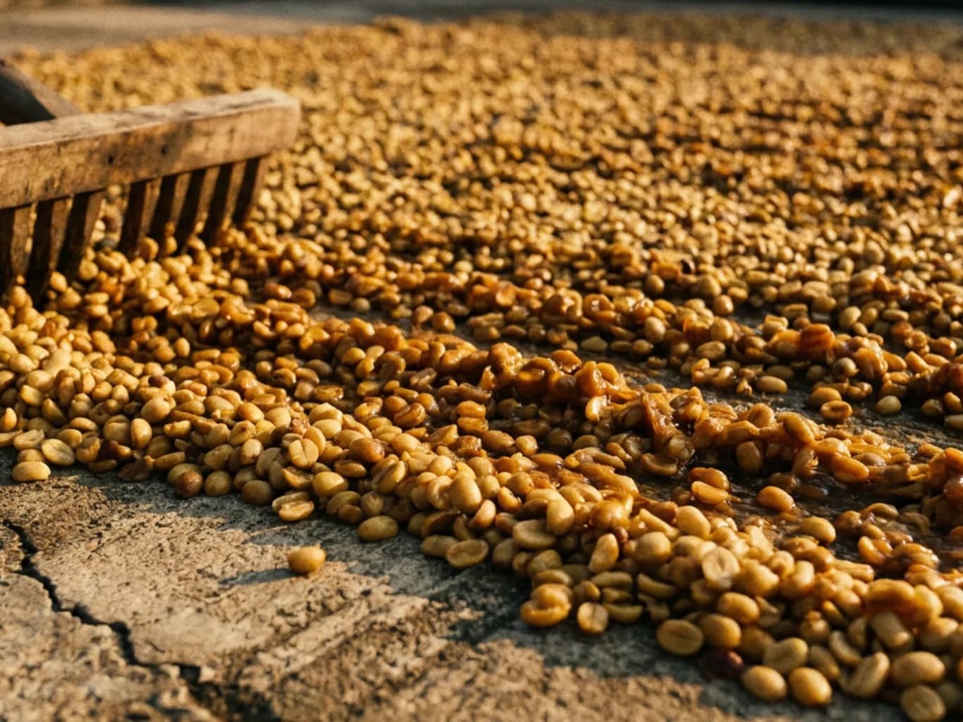 Honey process coffee drying on a concrete patio, the beans still coated in sticky amber mucilage with rake furrows running through the layer