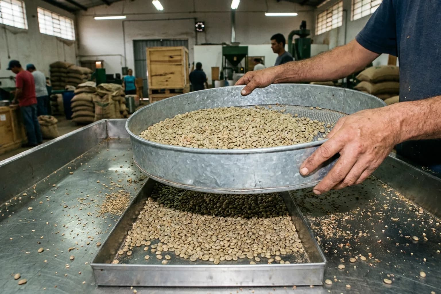 Green coffee beans being size graded on a round-hole sieve held over a tray, the smaller beans fallen through below