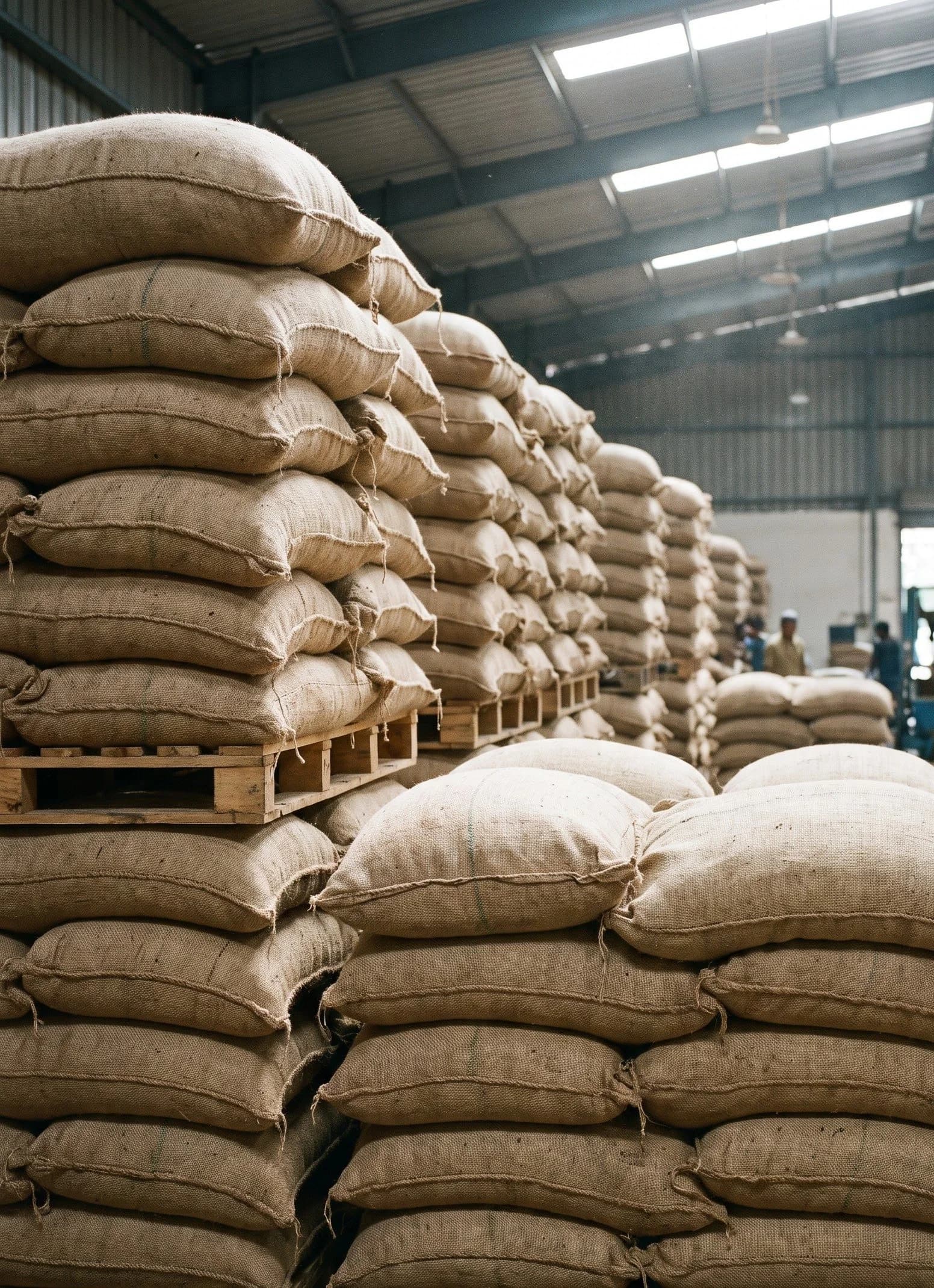 Rows of stacked jute coffee sacks on pallets, filling a warehouse floor